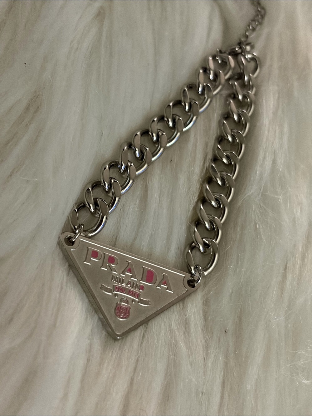 Prada Silver Symbole Triangle Logo with Pink Accents bracelet